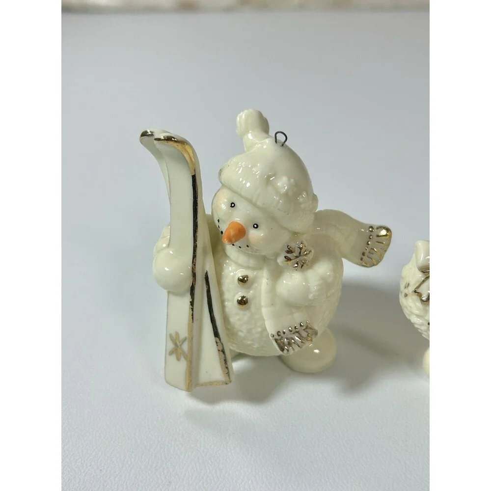 Vtg Porcelain Jade Snowman Ornaments Set Of 2 Ski Broom White Gold Color Accent